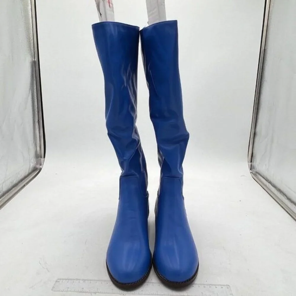 Blue Women Knee High Winter Riding Boots Pull On Round Toe Low Heel Studded Zip
